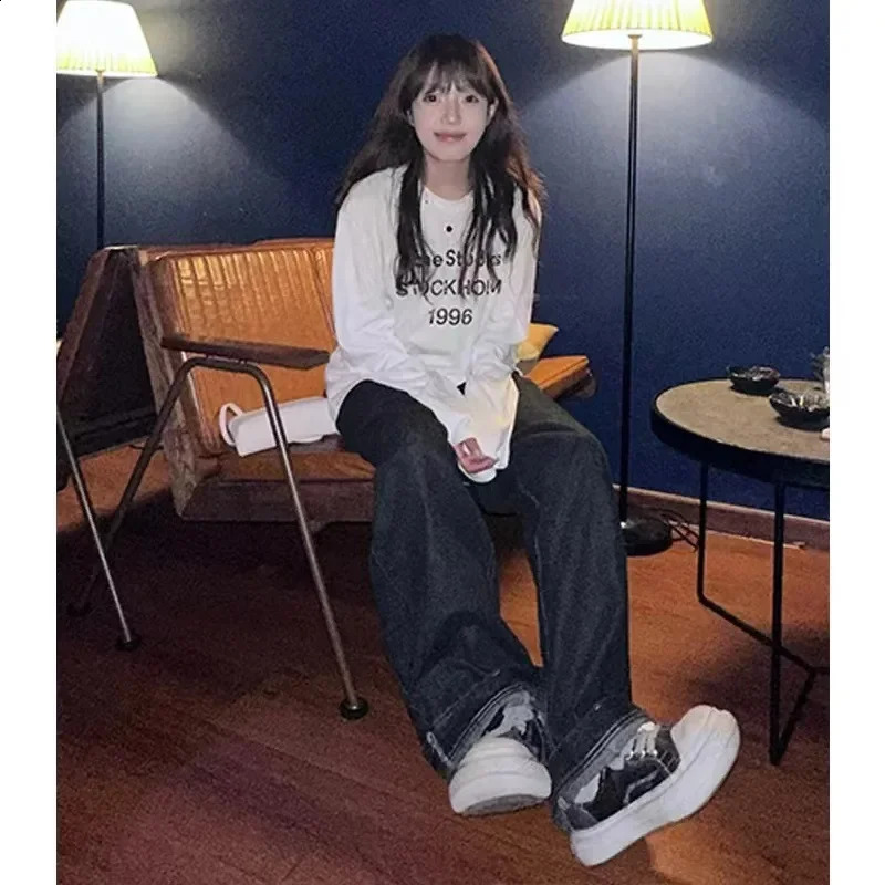 Idle Style American Printing Thin White Long Sleeve TShirt Womens Spring Autumn LooseFit Casual Round Neck Top Tren 250828
