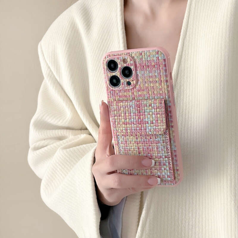 Internet Celebrity Apple 14 Holder Phone Case Insert Card iPhone 15 Pro Max Woven Pattern 16 Plus
