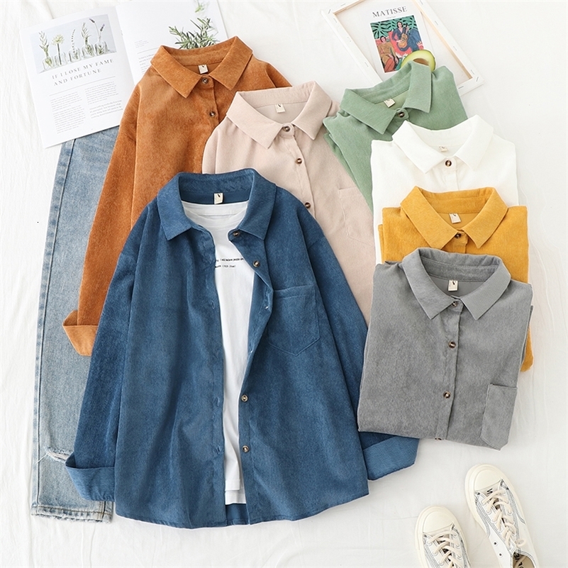 Corduroy Women Blouses Shirts Tunic Womens Tops And Blouses Womenswear Long Sleeve Clothing Button Up Down Loose White 250828