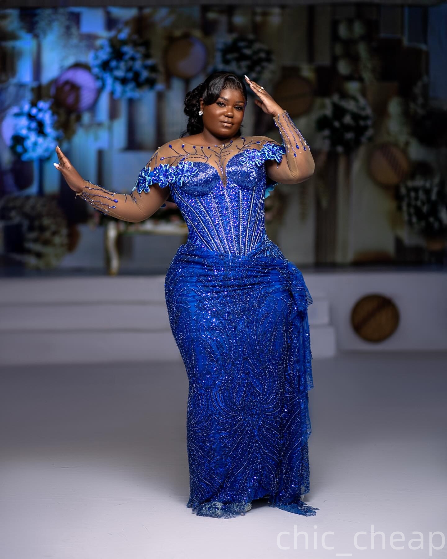Aso Ebi Royal Blue Sheath Prom Dress 2025 Flowers Crystals African Evening Formal Party Birthday Dresses Robe De Sorrie Reception Gowns For Special Oc