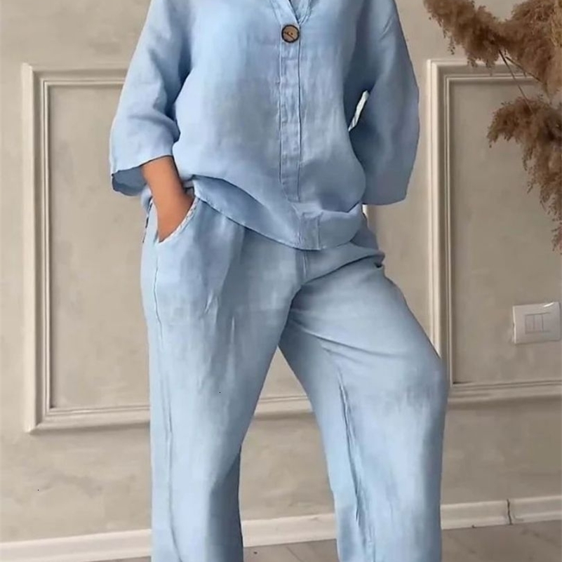 Womens Cotton and Linen Pants Suit Casual Solid Pullover Pants 2piece Set White Pink Simple Wide Leg Pants Two Piece Set Suits 250828