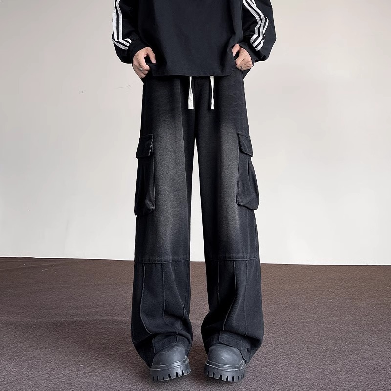 Autumn Men Cargo Jeans Neutral Wide Leg Pants Baggy Multi-pockets Denim Trousers Streetwear Skateboard Male Clothes 231220