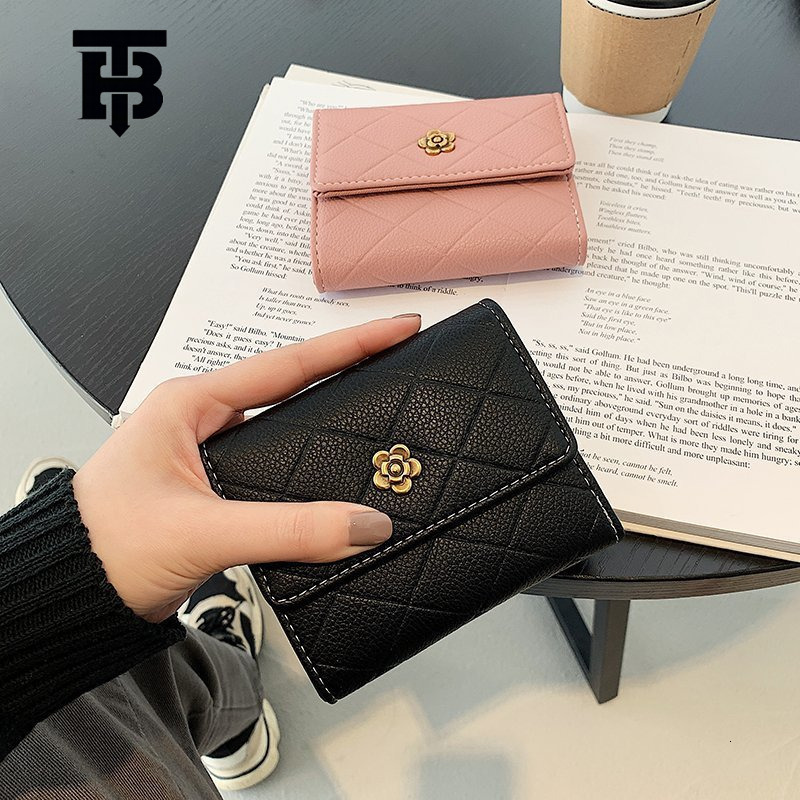 TB BHULAMTE Luxury Small Fragrant Women's Wallet Short Handbag New Camellia Design High End Grid Coin Bag Buckle Multi Card Slot Card Bag Free Sh