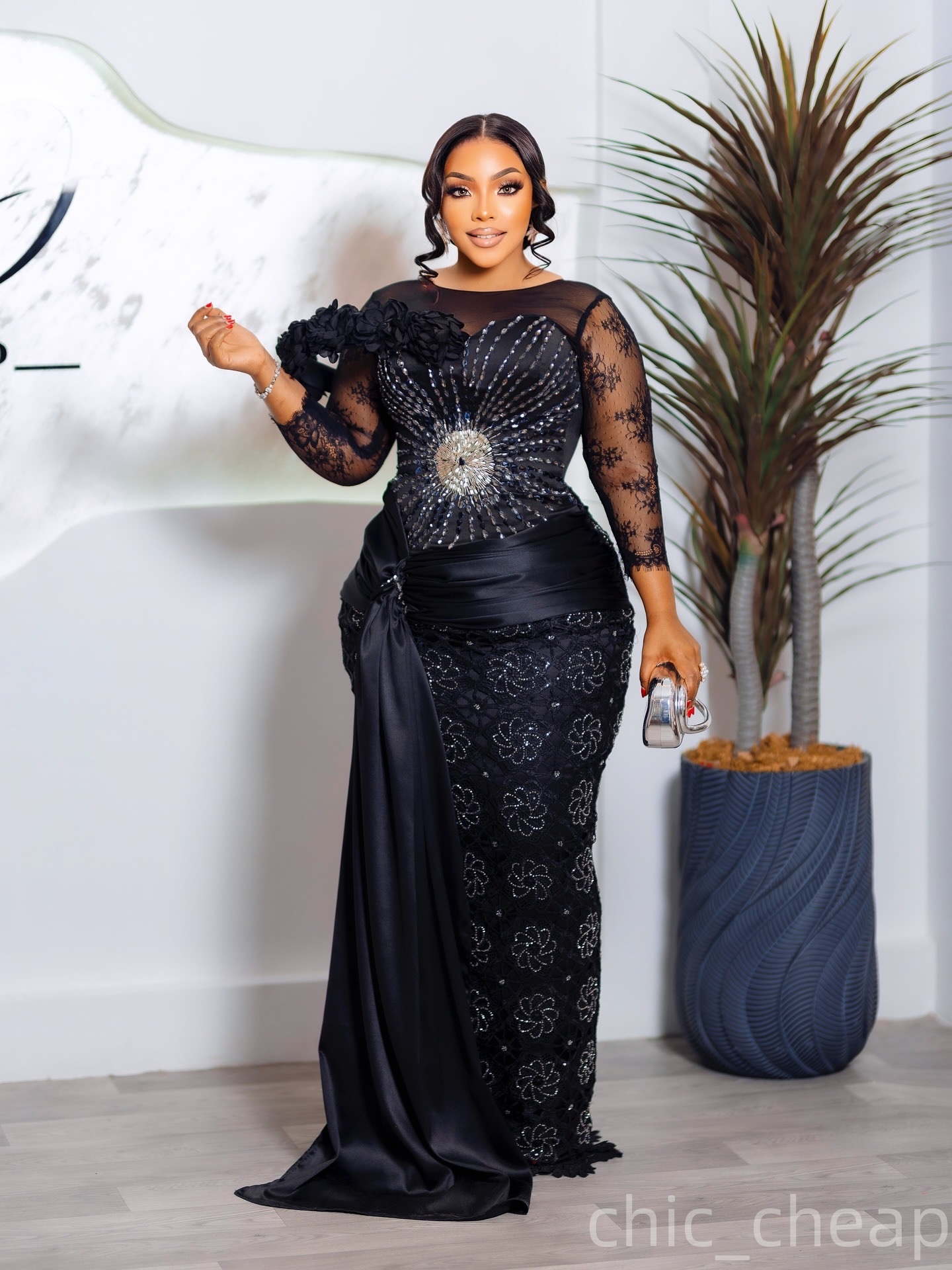 Aso Ebi Black Sheath Prom Dress 2025 Lace Beaded Crystals Flowers African Evening Formal Party Birthday Dresses Robe De Sorrie Reception Gowns For Spe