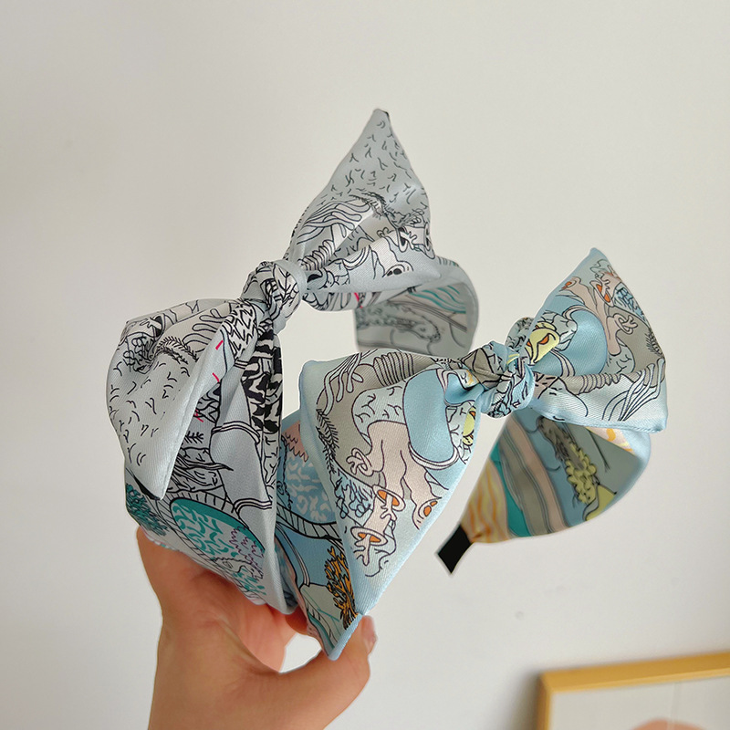 Designer Printed Headpiece Silk Scarf Wide Brim Hairband Bow Spring Summer Hairband Floral Bow Hairband Minimalist Black White