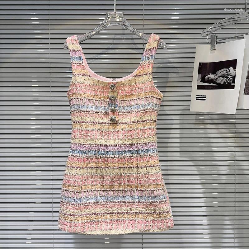 Casual Dresses Female Elegant Contrast Color Sleeveless Dress Summer Fashion Diamond Flower Buckle Woven Tweed Slimming