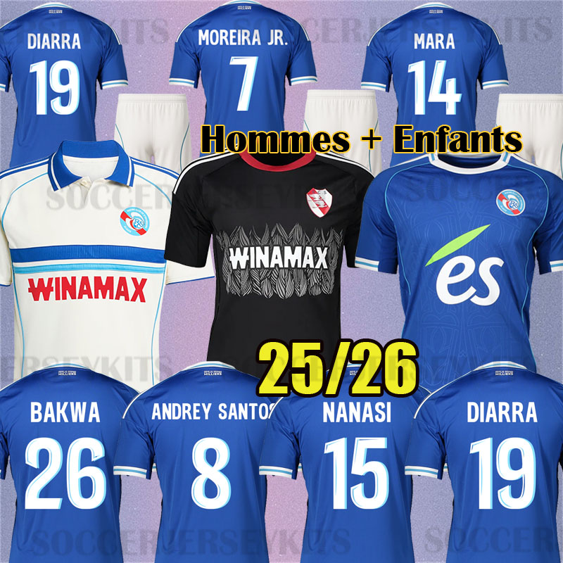 RC Strasbourg Alsace EMEGHA soccer jerseys 25 26 BAKWA FELIX LUKOVIC maillot de foot 2025 2026 MOREIRA JR SAHI DION DIARRA SYLLA shirt Men Kids Kits blue tops