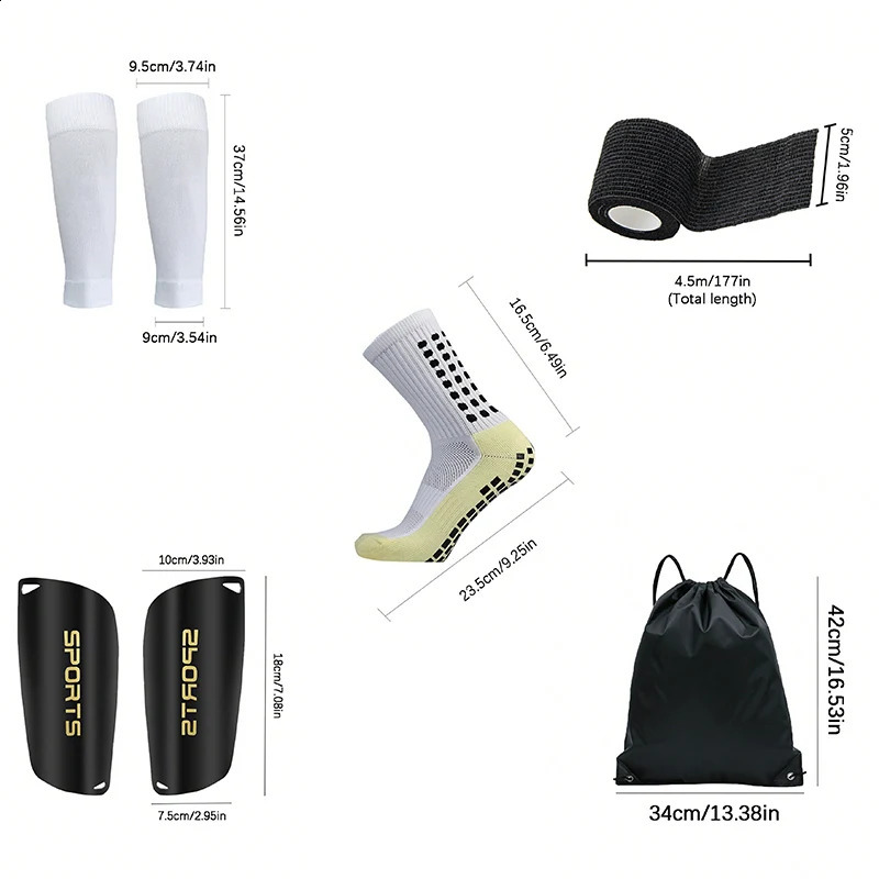 5PCS Set Football Bag Soccer Socks Teenagers Men Sport Grip Leg Cover Bandage Shin Pads Training Shank Board 250829