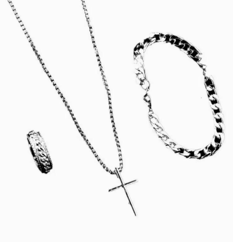 3PCS OEM Popular Black Cable Chain Bracelet Rings Metal Cross Pendant Necklace for Men Seaside Vacation Party Jewelry Gift Set