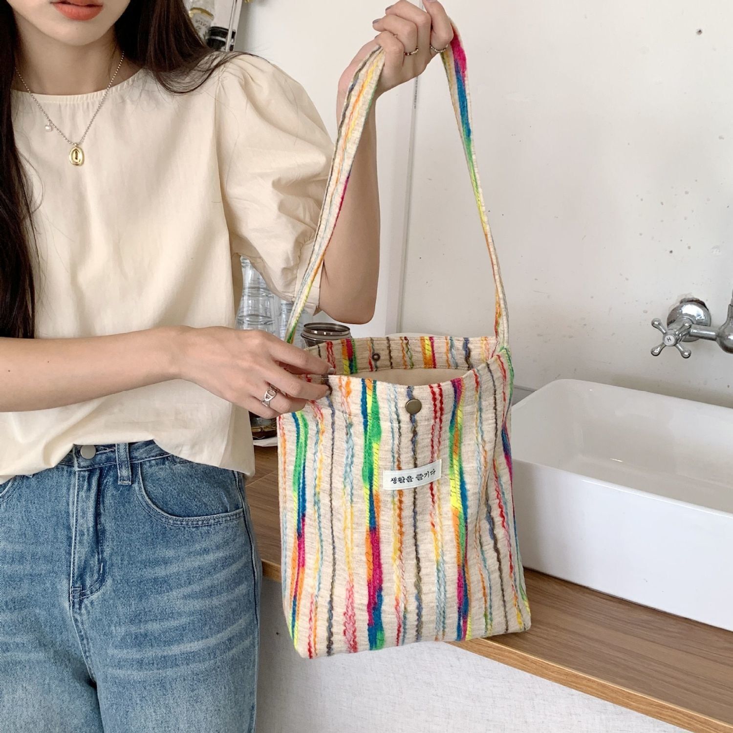 2025 autumn new forest style niche rainbow striped casual shoulder bag canvas bag simple class commuting large capacity bag designer canvas bag