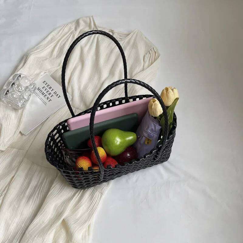 LEFTSIDE Small Solid Color Weave Tote For Women 2025 Fashion Summer Shoulder Bags Simple Handbags Hollow Out Beach Bag