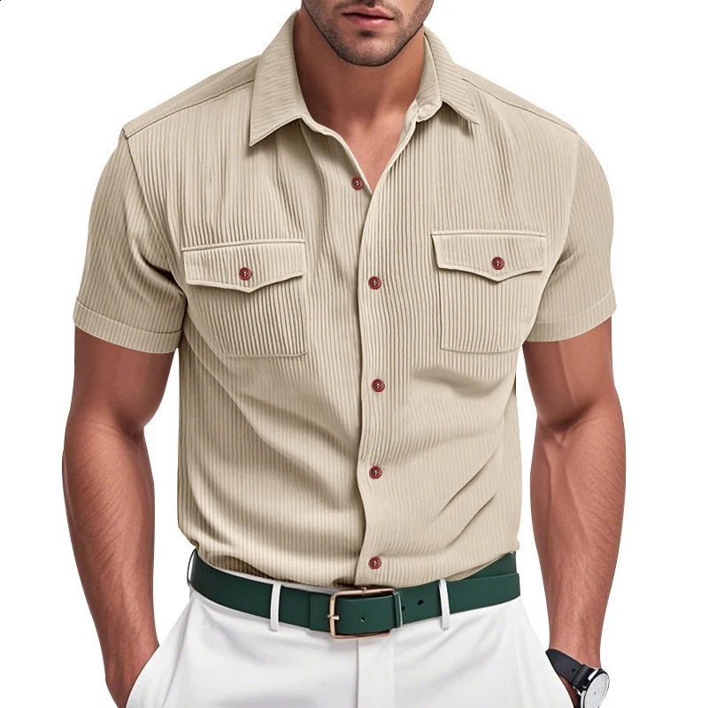 Fashion Ribbed Textured Corduroy Cargo Shirt Men Summer Casual Solid Color Buttoned Shirts Mens Leisure Short Sleeve 250828