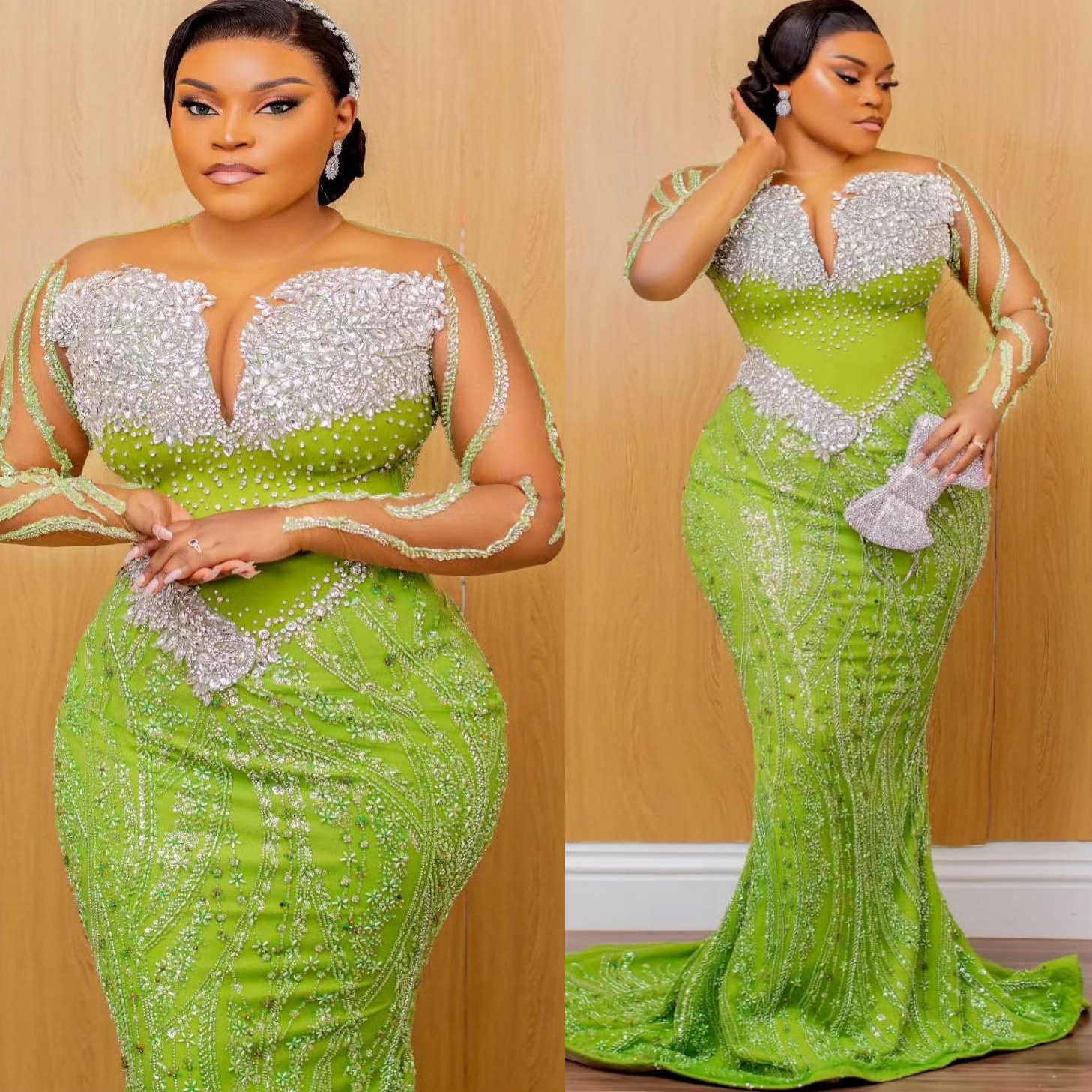 Aso Ebi Mermaid Green Prom Dress 2025 Sheer Neck Crystals Sequined Evening Formal Party Birthday Dresses Robe De Sorrie Reception Gowns For Special Oc