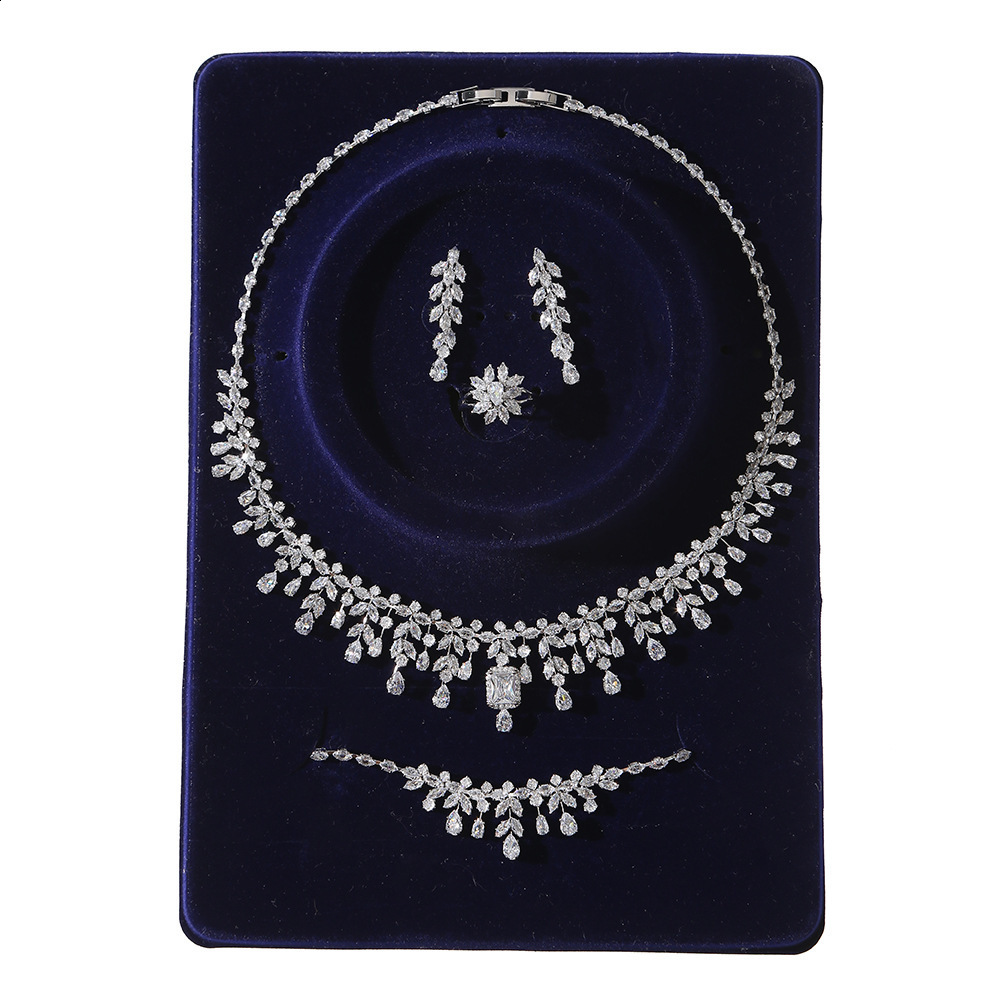 HIBRIDE Simple Water Drop Crystal Cube Zirconia Necklace Earring Set 4-piece African Womens Bead Jewelry Set N-297 241106