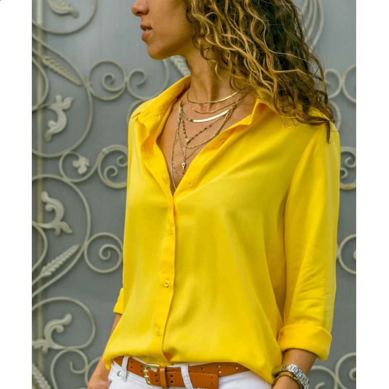Autumn Shirt Womens Polo Collar Office Lady blouse Vintage Loose Button Up Down Shirts Fashion Tops y250828