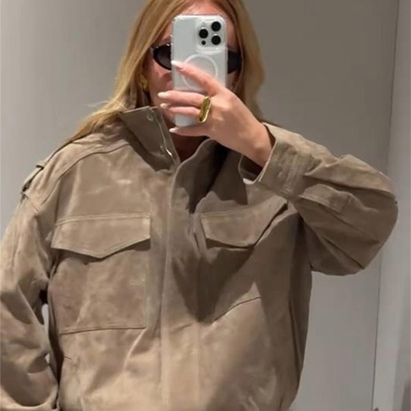 Fashion Loose Khaki Suede Jacket Women Lapel Zipper Long Sleeve Pockets Coat Female 2025 Spring Autumn Vintage High Street Tops 250828