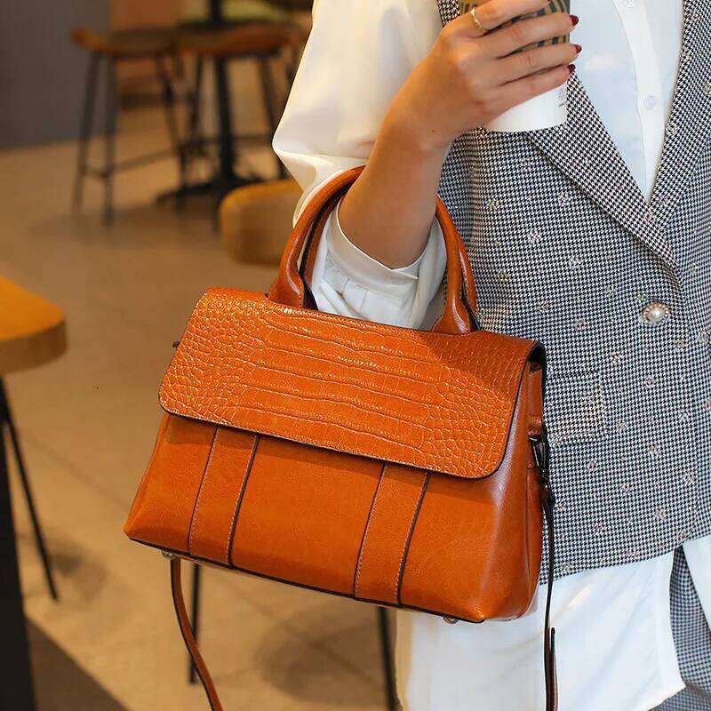 Genuine Leather Women's Handbag Cowhide Crocodile Print Shoulder 2025 New Design Tote Daily Crossbody Bag