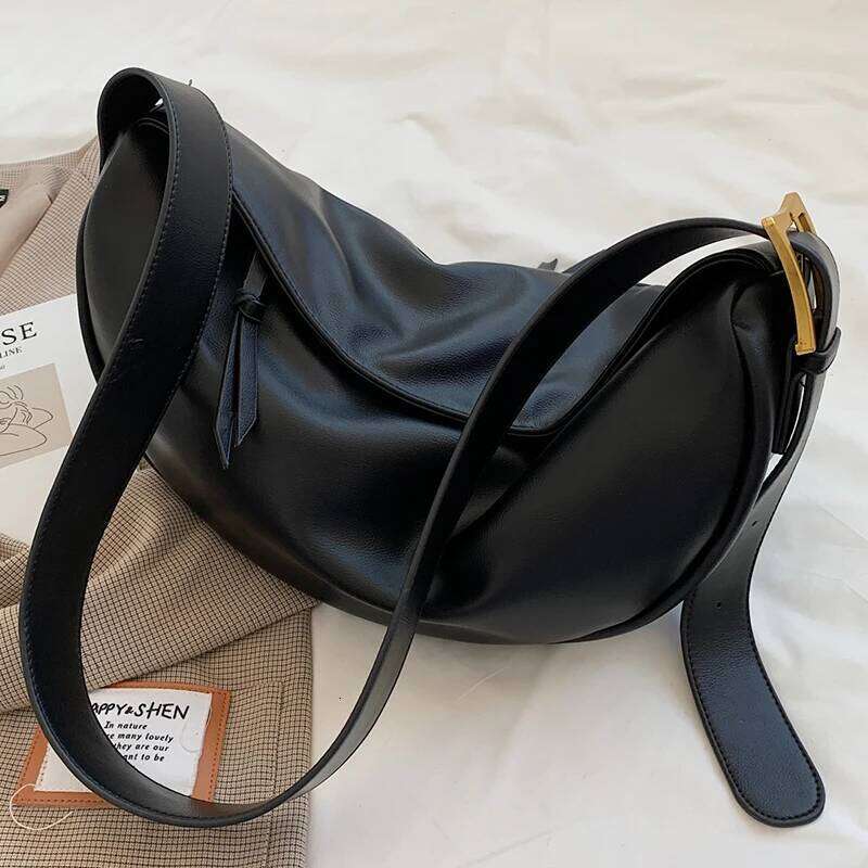 Women's Black Banana Shoulder Bag Soft Quality Pu Leather Medium Armpit Crossbody Bags For Female Ladies Retro Commuter Handbag