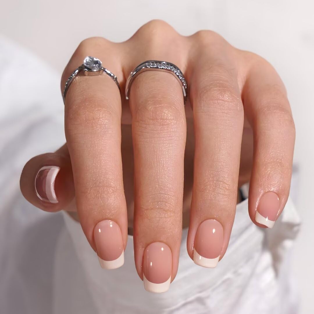 Spring And Summer White French Square Press On Nails, Shiny And Fresh Suitable For Daily Wear By Girls And Women