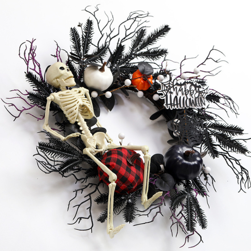 Halloween Skull Black and White Pumpkin Vine Ghost Festival Horror Front Door Wreath Hanging Decoration Bar Atmosphere Setup