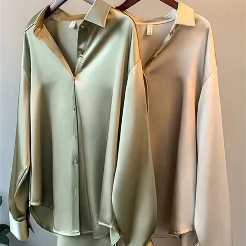 2025 Elegant Satin Loose Women Shirt Spring Turndown Collar Ladies Blouse Autumn Vintage Casual Button Silk Tops yy250828
