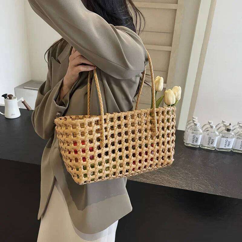 LEFTSIDE Small Solid Color Weave Tote For Women 2025 Fashion Summer Shoulder Bags Simple Handbags Hollow Out Beach Bag