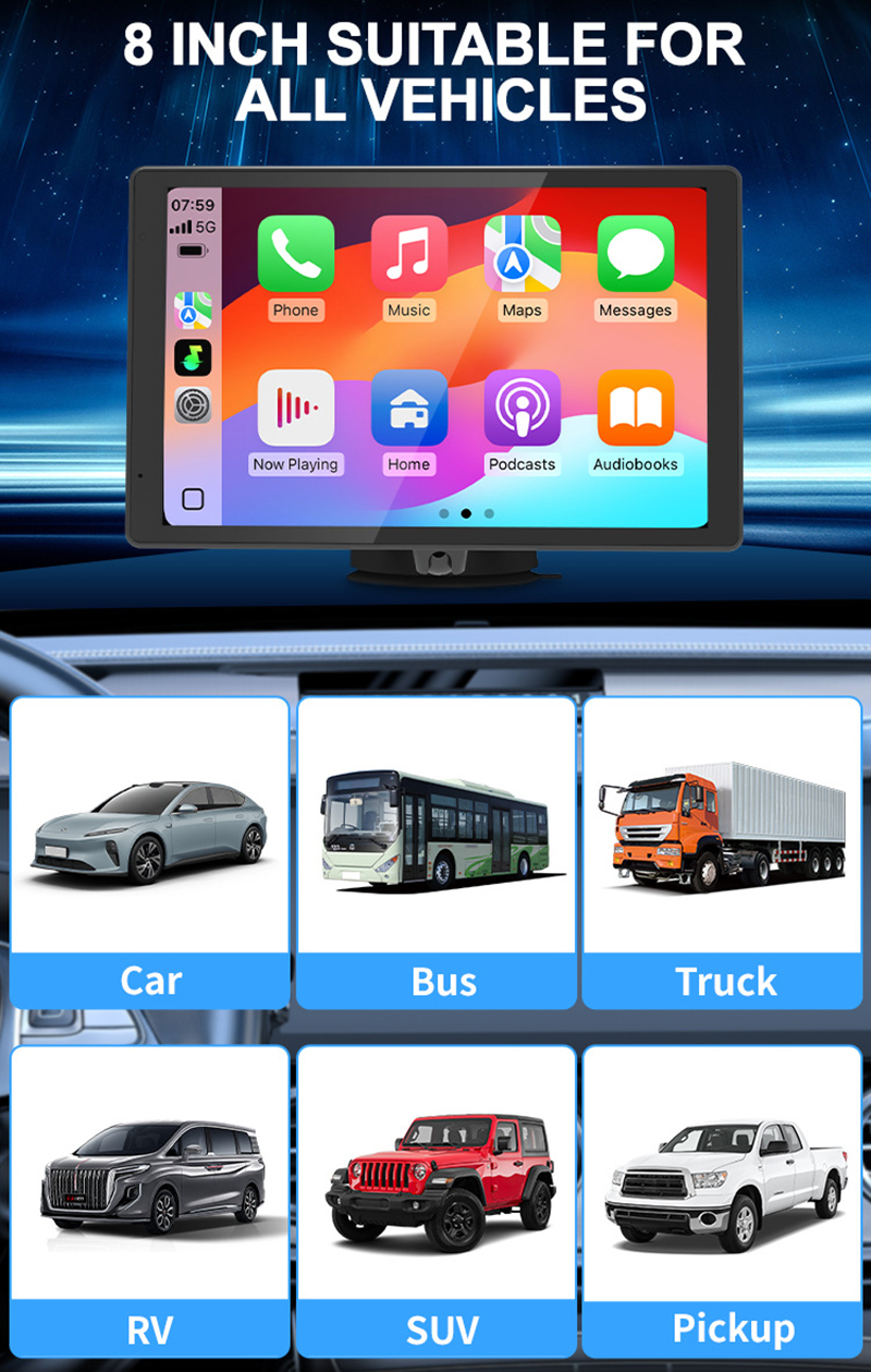 8 inch Car Stereo Touch Screen with Android Auto Carplay, Mirror Link, Car Audio,ADAS,GPS, Bluetooth, Voice Control Function, Long Mounting Holder for