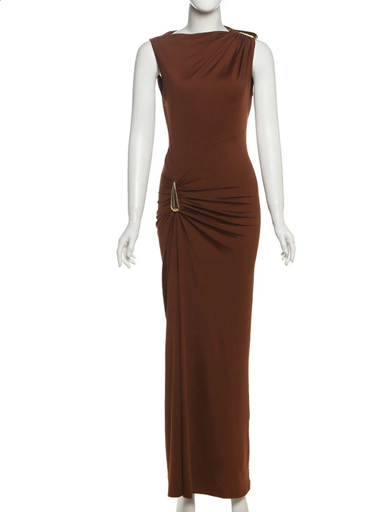Weird Puss Classic Metal Ruched Women Dress Elegant Crew Neck Sleeveless Irregular Simple Summer Party Trend Stretch Vestidos 250828