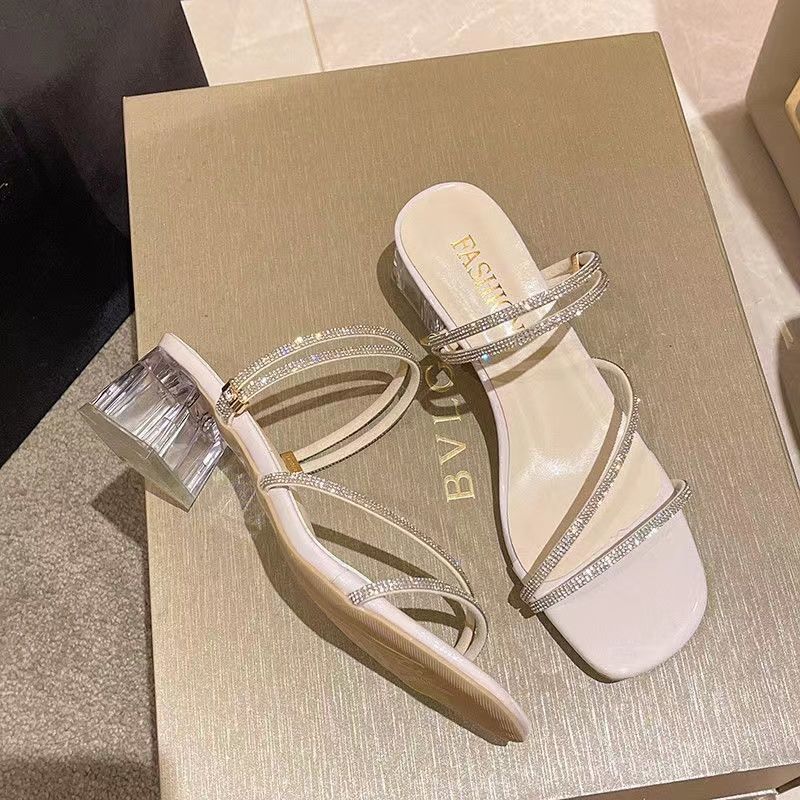 Luxury Sandals French Style Chunky Heel Rhinestone Slide Sandals Women's 2025 New Arrival Summer Ethereal Elegant Slippers Free Shipping