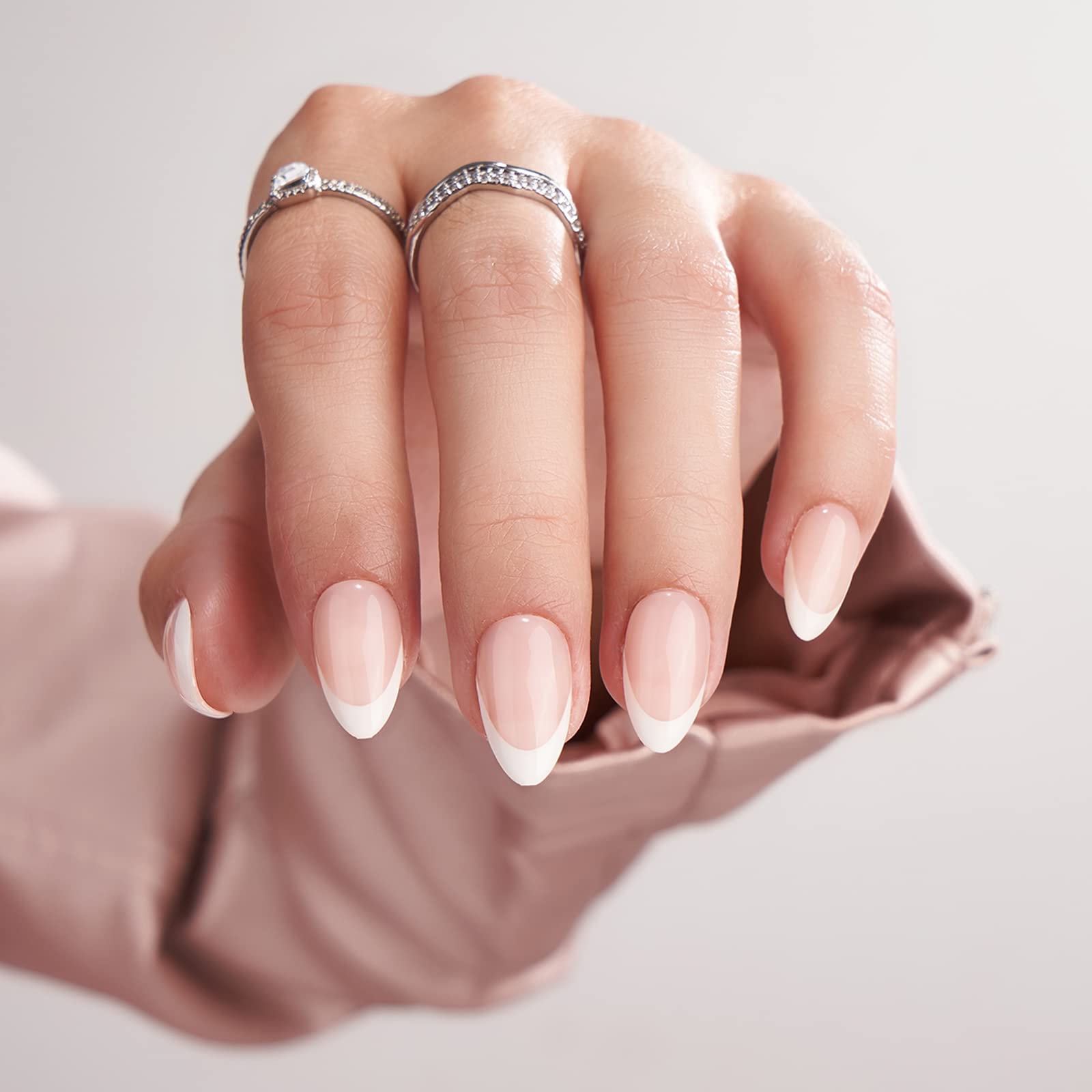 Elegant White French Edged Almonds Shape Press On Nails Tips Durable Reusable Suitable For Everyday Use
