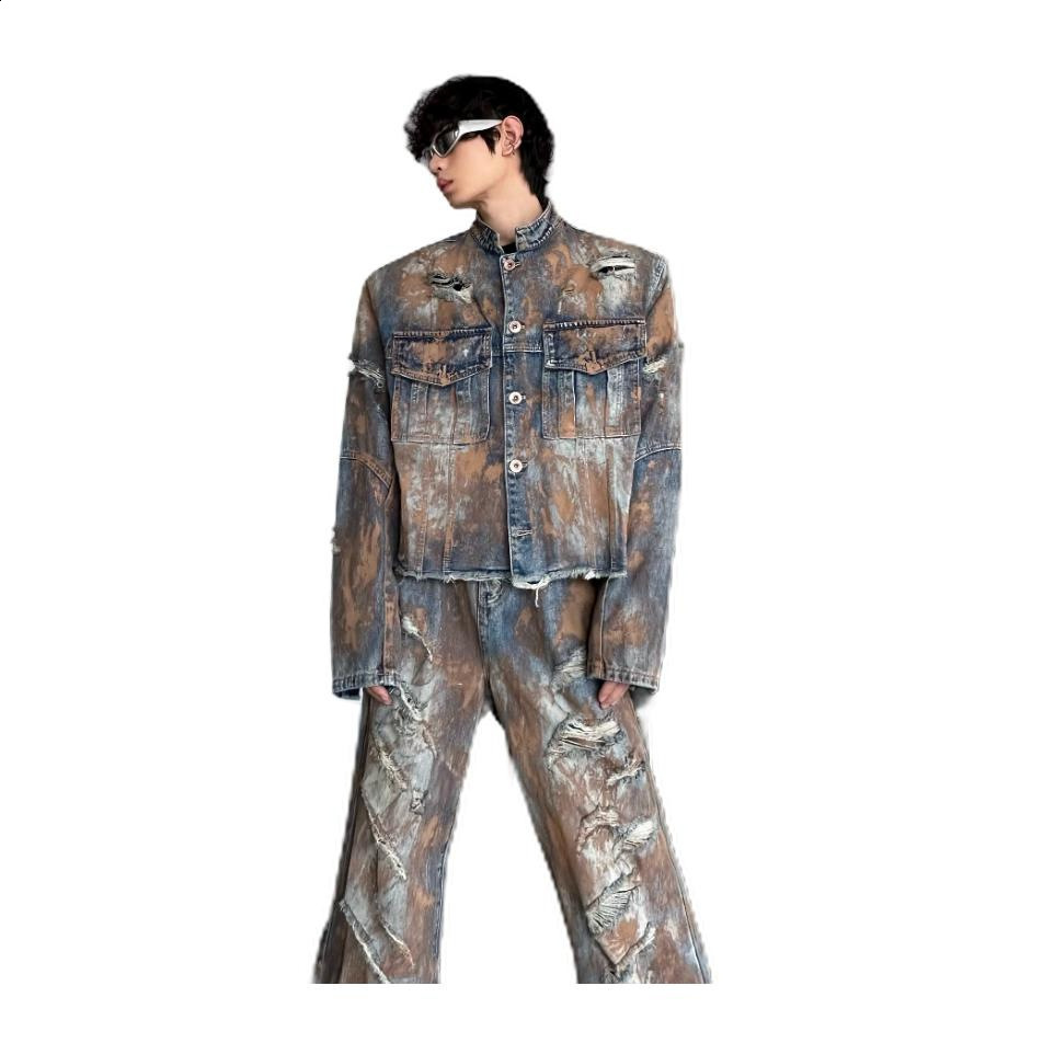 2025 Spring and Autumn New American Style Painted Vintage Denim Jacket and Ripped Denim Pants Mens Loose Set 250617