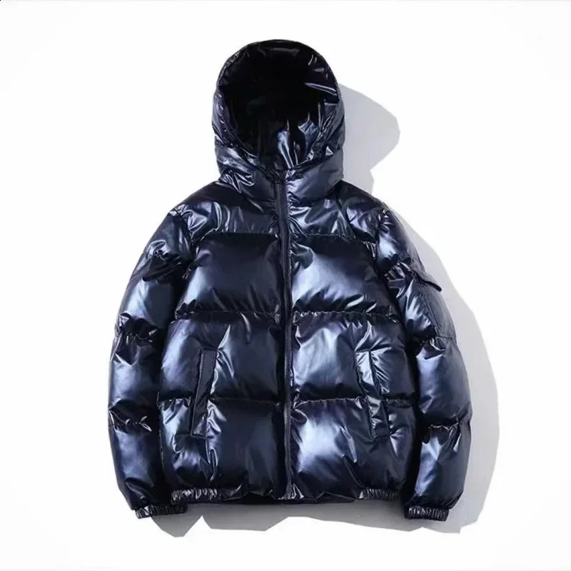 Glossy Black Mens Coats and Jackets Women Harajuku Parkas Cotton Padded Hooded Bright Jaqueta Masculina Unisex Winter Clothes 250829