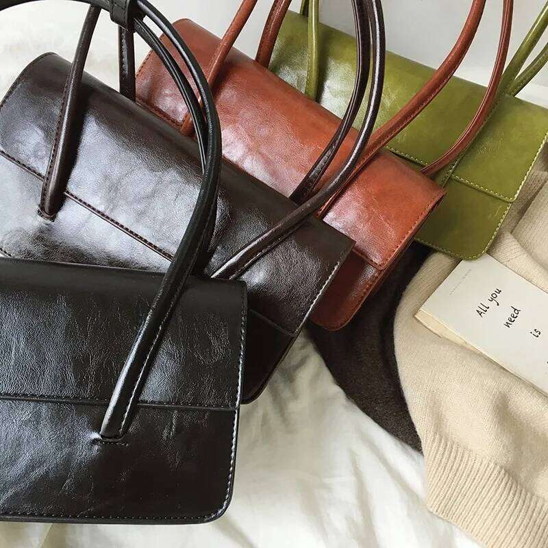 Faionable Retro Oil Wax Leather Tote Underarm Women's Versatile Handbag Soft Surface Pure Color Casual Oulder Bag