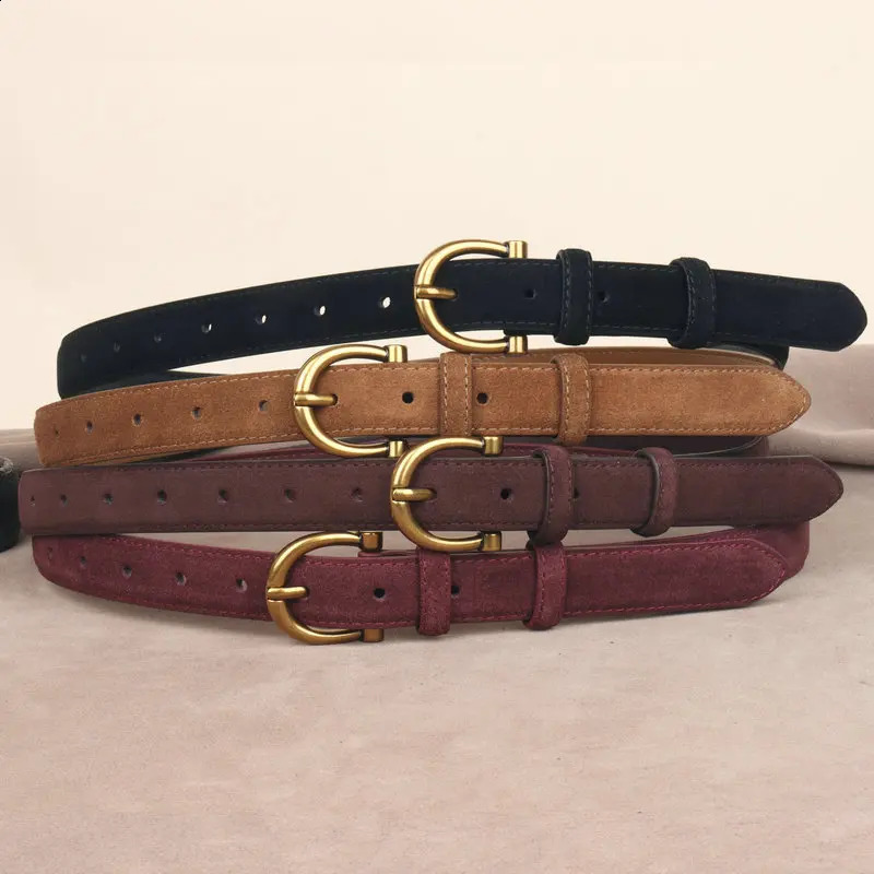 Genuine Leather Suede Women Belt Fashion Skinny Waistband Retro Gold Buckle Brown Belts for Jeans Pants 250829