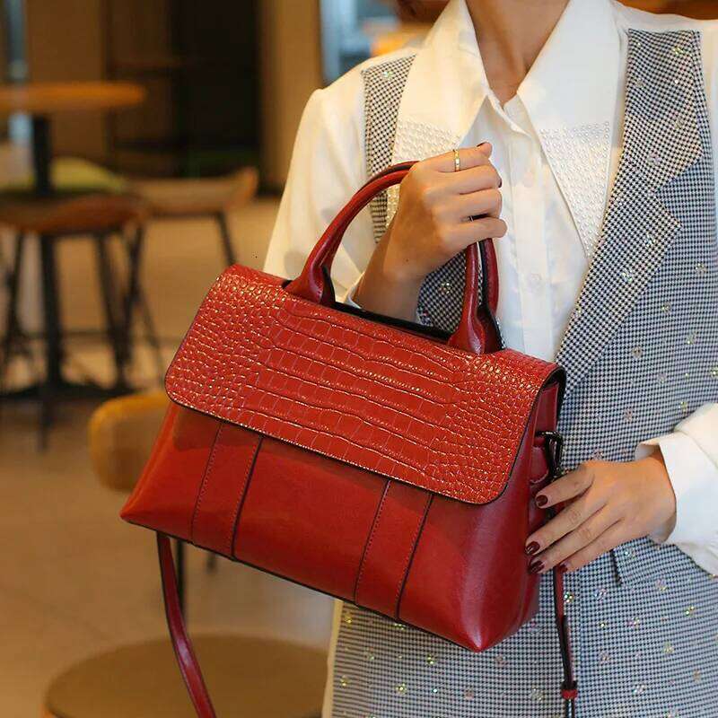 Genuine Leather Women's Handbag Cowhide Crocodile Print Shoulder 2025 New Design Tote Daily Crossbody Bag