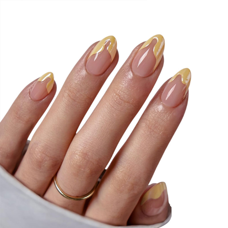Yellow Irregular French Edge Press On Nails, Fresh And Simple, Suitable For Girls And Women To Wear Fake Nails In Daily Life