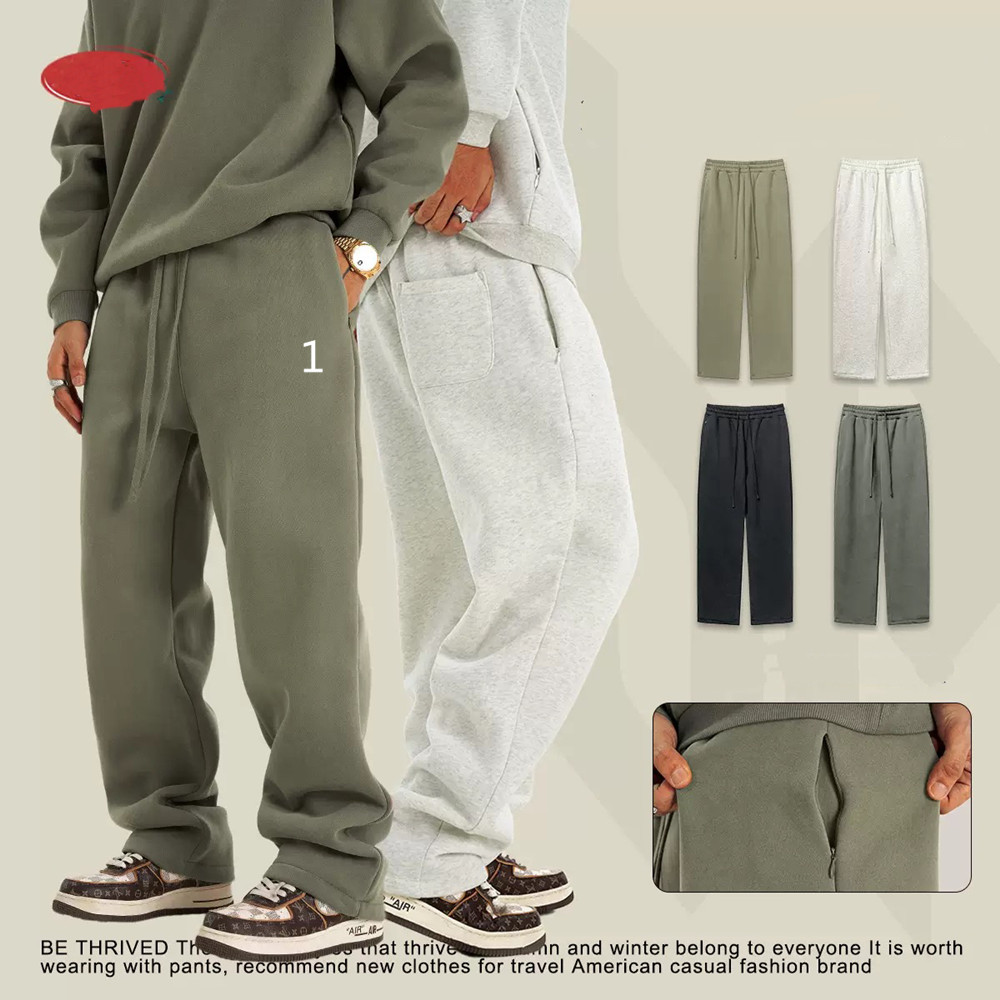 A2405 Men Fleece Sweatpants Autumn and Winter Invisible Zipper Teen Loose Plus Straight-Piece Trendy Knitted Sleeve Pants Men