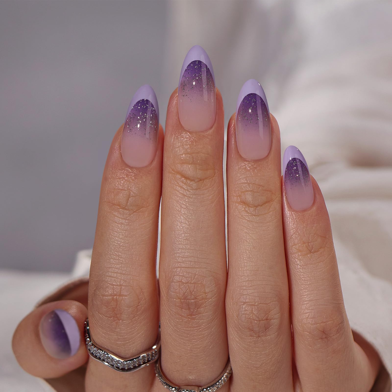 Purple French Edged Purple Shiny Square Fake Nails, Reusable, Suitable For Women And Girls To Wear At Parties And Banquets