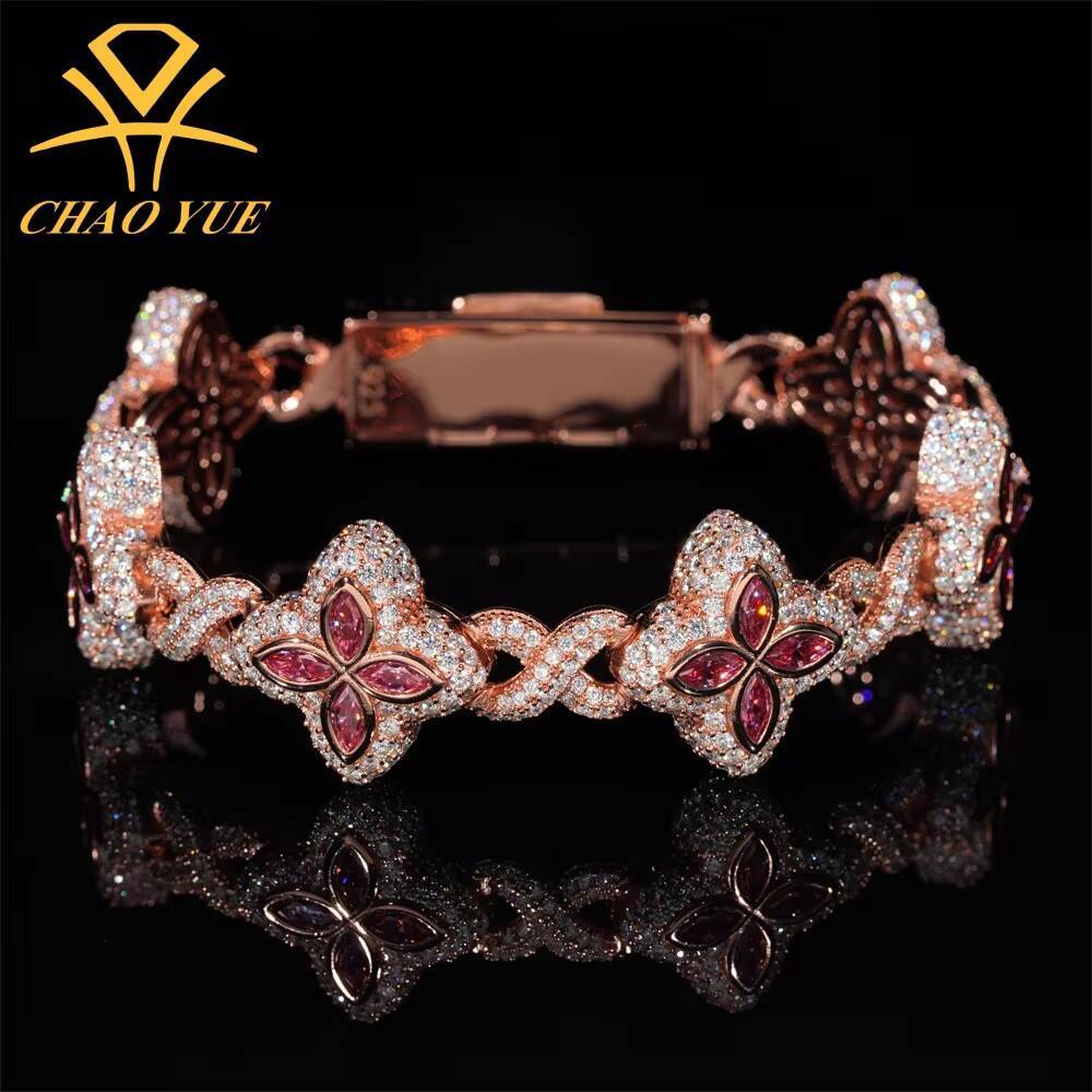 Hot Sale 18mm Large Fourleaf Clover Cuban Bracelet 925 Silver Moissanite High Quality Hiphop Jewelry for Men and Women