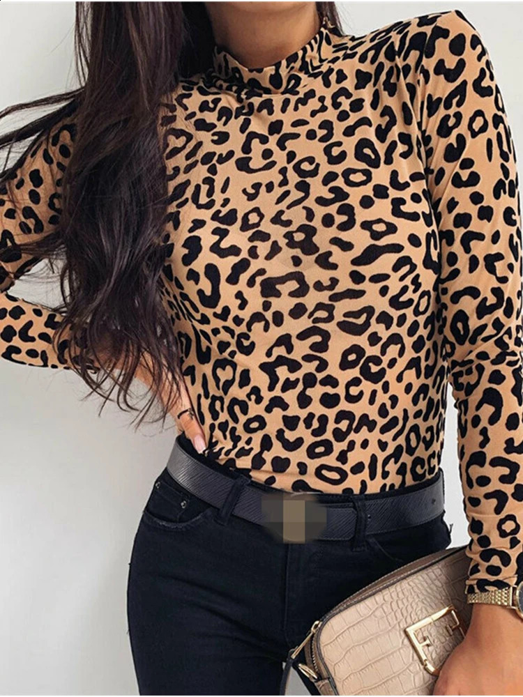 Women Blouses Fashion Leopard Print Turtle Neck Blouse Autumn Long Sleeve Shirts Party Ladies Clothes And Tops 250828