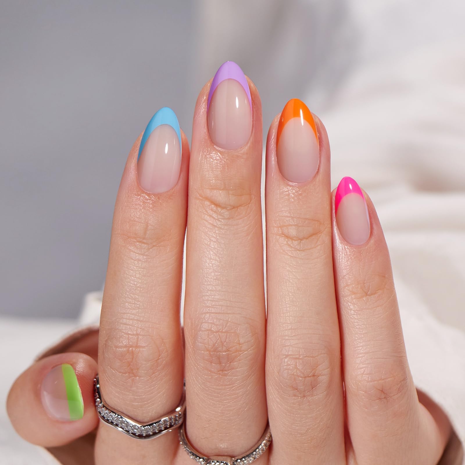 Multi Colored French Edge Press On Nails, Medium Long Almond Shaped Designed For Girls And Women With Dazzling Fashion