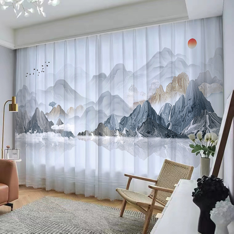 YL-37056 Chinese style ink landscape painting, new Chinese style curtains, new mesh curtains, classical and simple living room window curtain