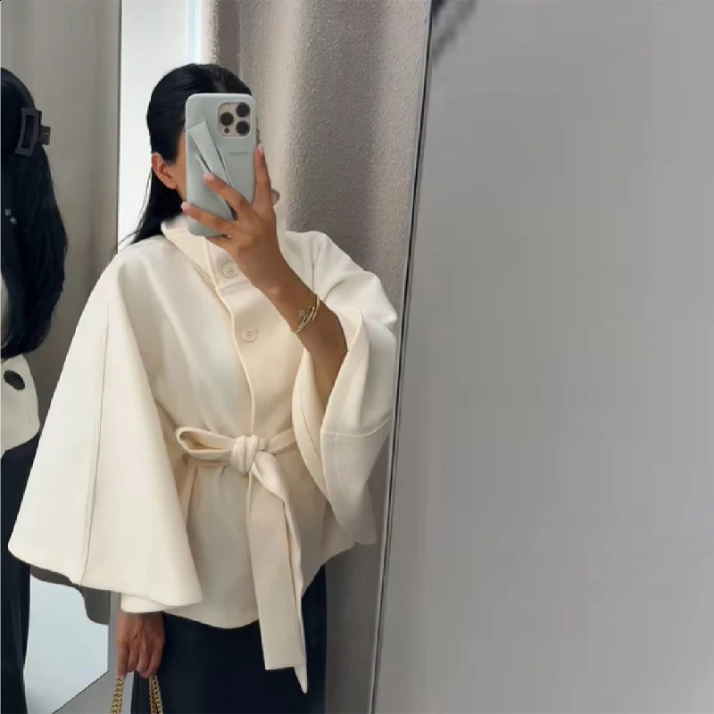 Woman Elegant Vintage Cape Coat Loose Stand Neck Belt Single Breasted Female Streetwear 2025 Autumn Winter Casual Lady Outwear 250828