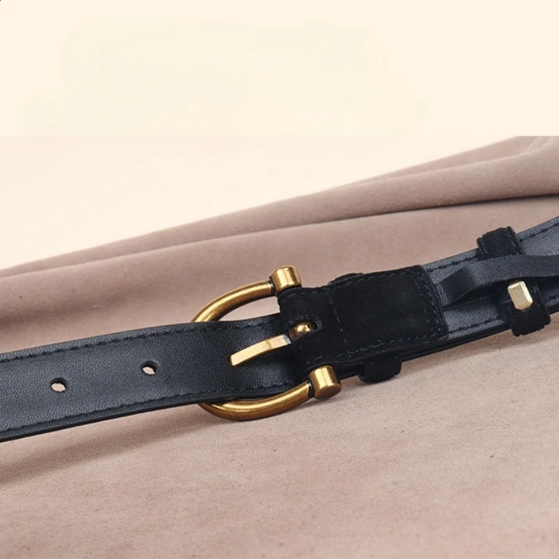 Genuine Leather Suede Women Belt Fashion Skinny Waistband Retro Gold Buckle Brown Belts for Jeans Pants 250829