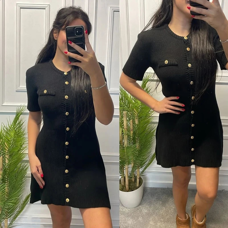 White Elegant Knitted Mini Dress For Women Metal Button Sexy Slim Rib Sweater Holiday Party Outfits Autumn 2024 250828