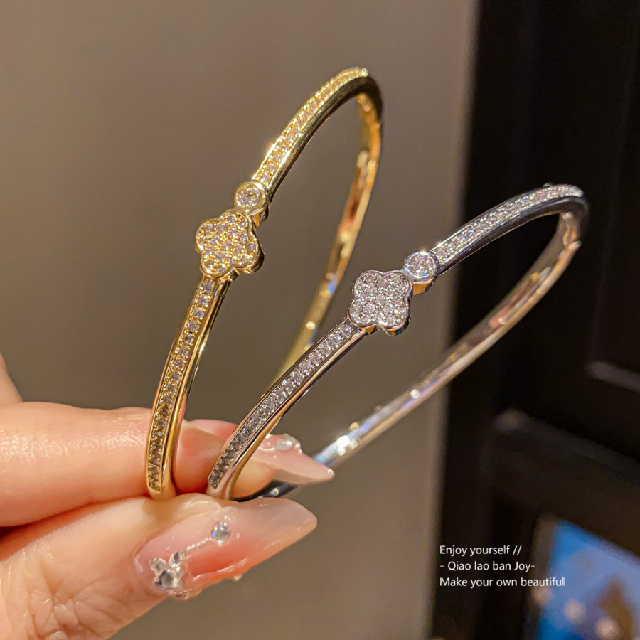 new Gold - Toned Clover Bangle, Pave - Set CZ Sparkle, Delicate Four - Leaf Motif, Elegant - Glam Vibe