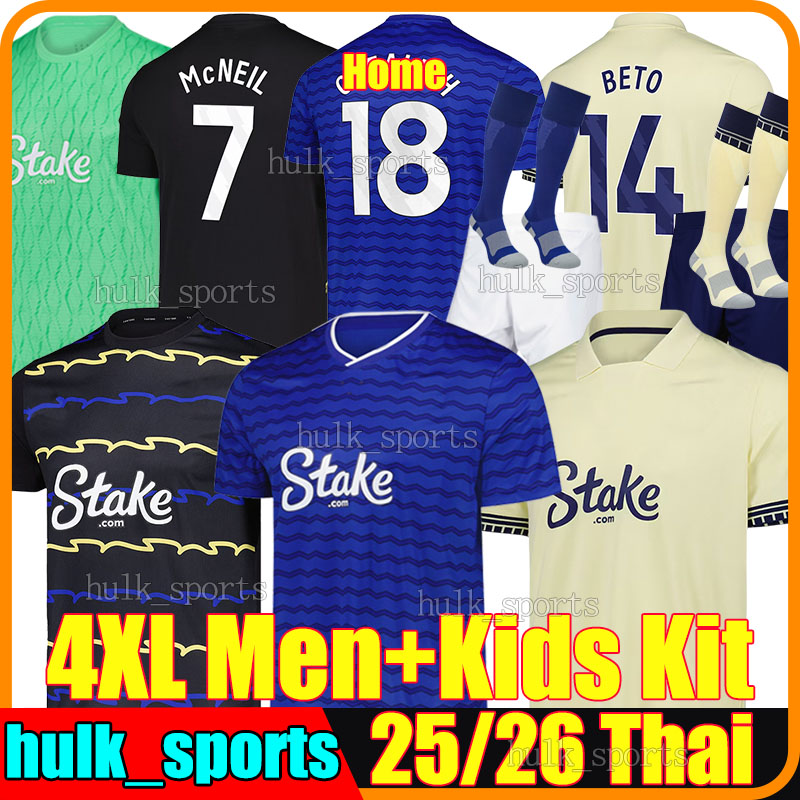 4XL 25/26 The Toffees GREALISH Soccer Jerseys Evertoon NDIAYE BETO McNEIL GARNER KEANE ALCARAZ PICKFORD DEWSBURY-HALL BARRY men kids kits socks sets football shirt