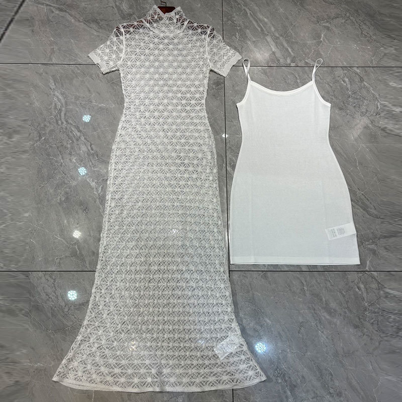 Designer Y2K Fall New Ladies Long Lace Knit Dress Runway High Neck Short Sleeve Bodycon Maxi Dress With Cutout Detail Two Colors Chic Luxury Clothting