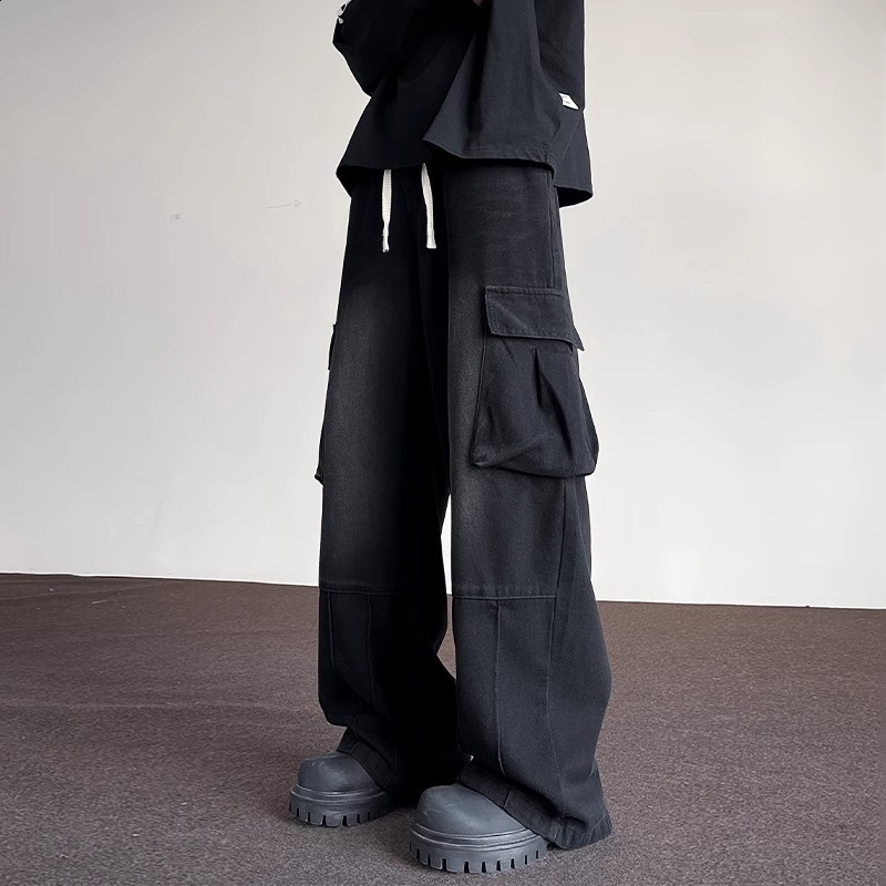 Autumn Men Cargo Jeans Neutral Wide Leg Pants Baggy Multi-pockets Denim Trousers Streetwear Skateboard Male Clothes 231220