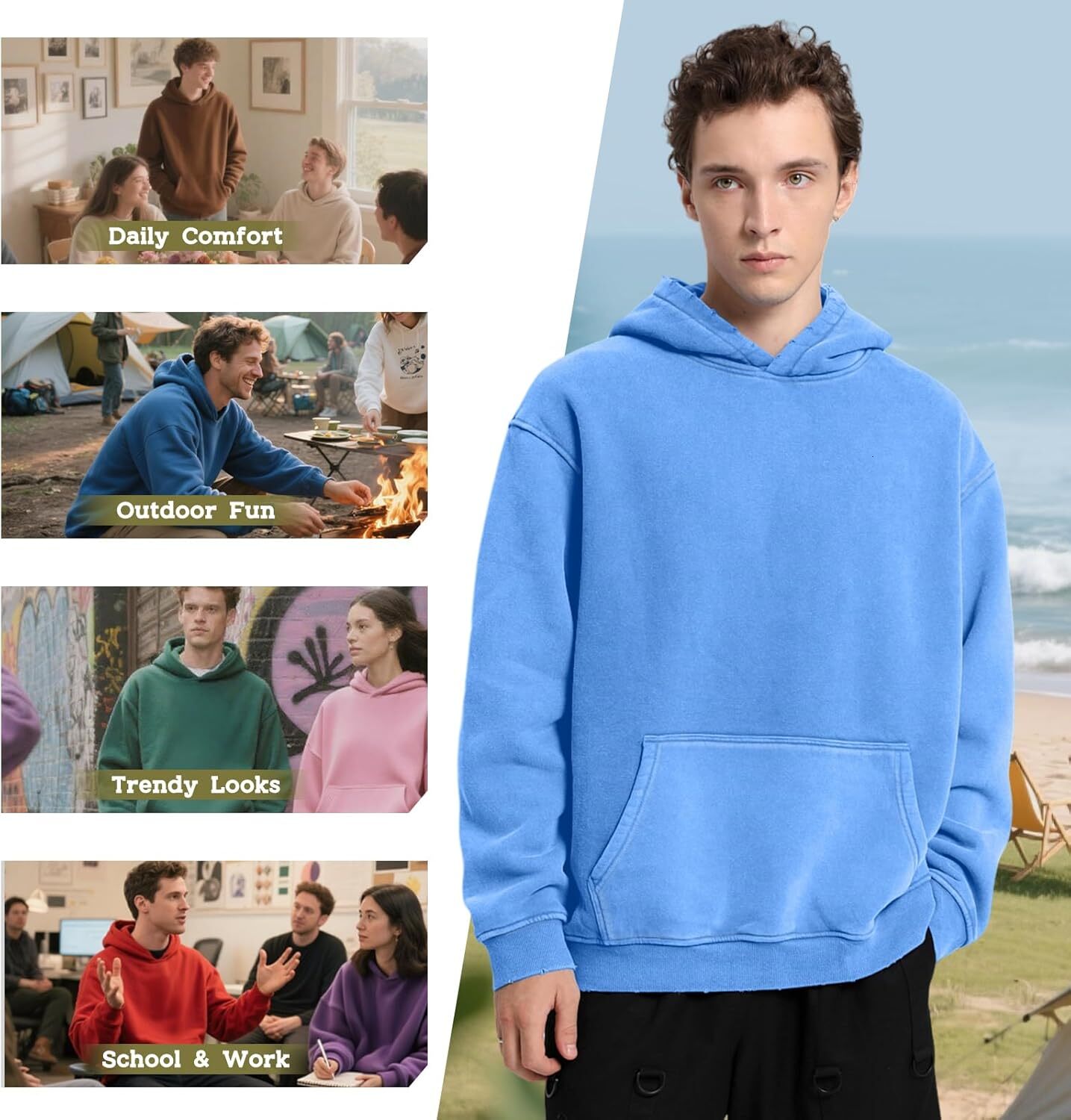 Men's Oversized Acid Wash Hoodie Heavyweight Cotton Wool Sweatshirt Loose Fit Autumn Winter Casual Street Style Pullover - view 4
